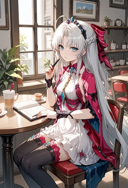 score_9, score_8_up, score_7_up, BREAK source_anime, (masterpiece), (best quality), 1girl, long hair, white hair, ahoge, dress, from front, thighhighs, closeup upper body, sitting on chair, cafe, notebook on table, grabbing a pen, (from above:0.6), (from side:0.6), (ultra detailed), shine, <lora:carlotta-V1.1:1>, looking at viewer, no emotion, chain