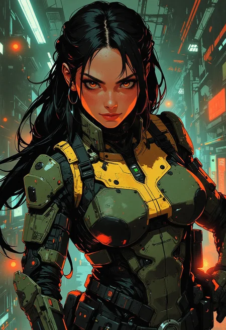 magnificent, closeup portrait, female bounty hunter, braided black hair, futuristic armor, halo spartan, spartan armor, sexy, curvy, large breasts, large ass, guns, gun, gun on back, gun in hand, pistol, holding pistol in hand, aiming pistol, Cyberpunk City, Neon Lights, foreshortening,
looking at viewer, solo, smirk, cocky smirk,
Cowboy Shot, close up, from above,