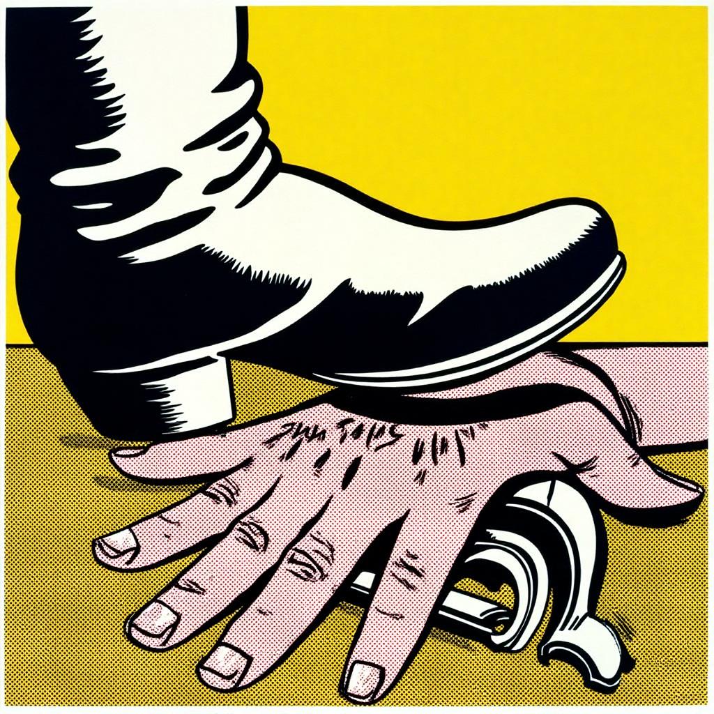 lichtenstein1 illustration.
A cowboy boot stomping on a hand on the ground. The hand is resting on top of a revolver 
 <lora:lichtenstein1_cap_d6a3e8:1.0><lora:835908117641418607:0>