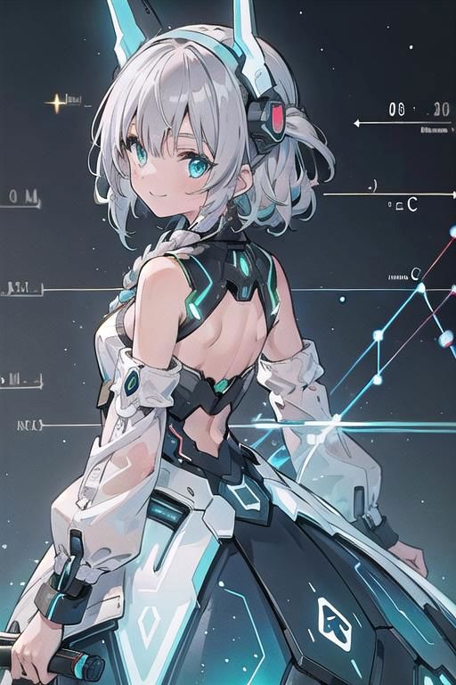 (masterpiece), (science fiction:1.4), 1girl, her back turned, smile, silver hair, aqua eyes, headgear, long sleeves, detached sleeves, glowing energy clothing, light particles