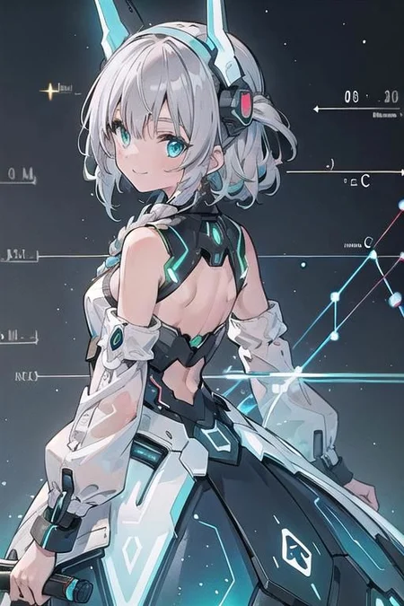 (masterpiece), (science fiction:1.4), 1girl, her back turned, smile, silver hair, aqua eyes, headgear, long sleeves, detached sleeves, glowing energy clothing, light particles