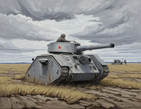 oil painting, a lmnrsstnk,side view,grey tank, <lora:Leman_Russ_Battle_Tank_-_Warhammer_40000_SDXL:0.8>,in deserted field,socialist realism