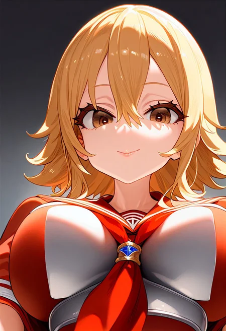 (masterpiece:1.2, best quality), (finely detailed eyes: 1.2) (ultra-detailed, hires), (detailed face, detailed eyes), (best illumination), detailed glow, high contrast, looking at viewer, solo, smile, closed mouth, 1girl, huge breasts, wide hips, thick thighs, centurii-chan, blond hair, brown eyes, hair between eyes, medium hair, fluffy hair, bangs, armor, ((breastplate)), dress, neckerchief, red neckerchief, red dress, short dress, short sleeves, skindentation, no background, empty background, (((face shot))), (masterpiece, best quality, very aesthetic, absurdres), (ultra detailed perfect piece:1.2), illustration, masterpiece, (extremely detailed CG 8k), (very fine 8K CG), <lora:add-detail-xl:-1>
