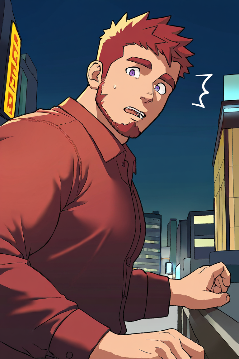 masterpiece, best quality, highres, newest, 1boy, bara, solo, male focus, mature male, short hair, red hair, purple eyes, looking at viewer, upper body, surprised, raised eyebrows, open mouth, standing, red collared shirt, lond long sleeves, outdoors, city, building, night, night sky <lora:OIS - Bara Style 5 [LoRA] - NoobAI-XL EPS 1.0:0.7>