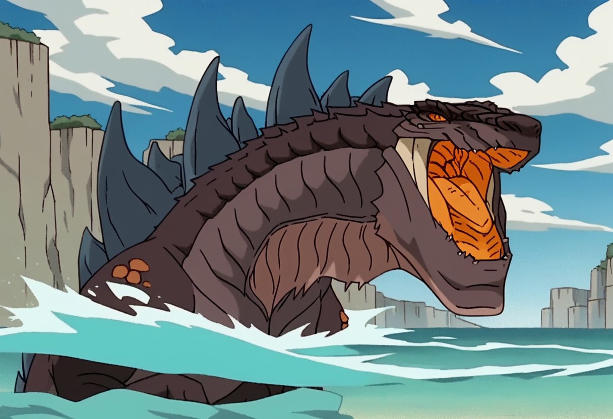 score_9, score_8_up, score_7_up, score_6_up, score_5_up, score_4_up, rating_safe, (masterpiece), (extremely intricate:1.3), (animated screencap), anime portrait, full-length portrait, godzilla_TAS, orange maw, solo, full body, sharp focus, detailed, wading, outdoors, blue sky, day, dam, photographic composition