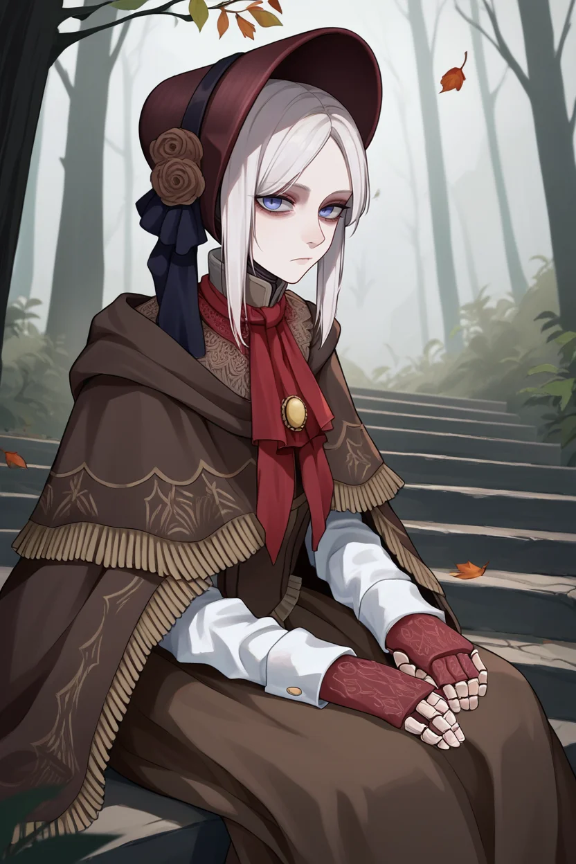 score_9, score_8_up, source_7_up, source_anime BREAK 1girl <lora:plaindoll-pdxl-nvwls-v1:1> plaindoll, white hair, doll joints, bonnet, red ascot, brown cloak, brown dress, gloves, looking at viewer, expressionless, forest, trees, fallen leaves, stairs, dark skies, grey sky, desaturated, muted palette, sitting, pensive