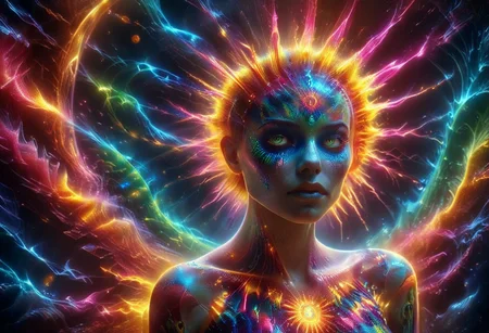 a full body fire entity girl with multicolored flames, purple and blue lights, green and blue flames, pink energy electric eyes, professional photography of an fantastical creature, young woman, shaved head Finely detailed, in a solarpunk environment, looking at viewer, solo, headwear removed, realistic, night blue sky, own hands, spooky makeup, entirely made of stars and galaxies, cyber light trails with whimsical elements, swirling magic, eerie fairytale landscape, elaborate fantasy style art, very colorful, intricate details, ultra sharp, exquisite detail, flawless composition, vivid colors, masterpiece, exciting background, psychedelicai, made out of,colorful,liquid,Murano Art Glass, GlowingInk, mad-glowtiedye, glowneon, glowing, sparks, lightning