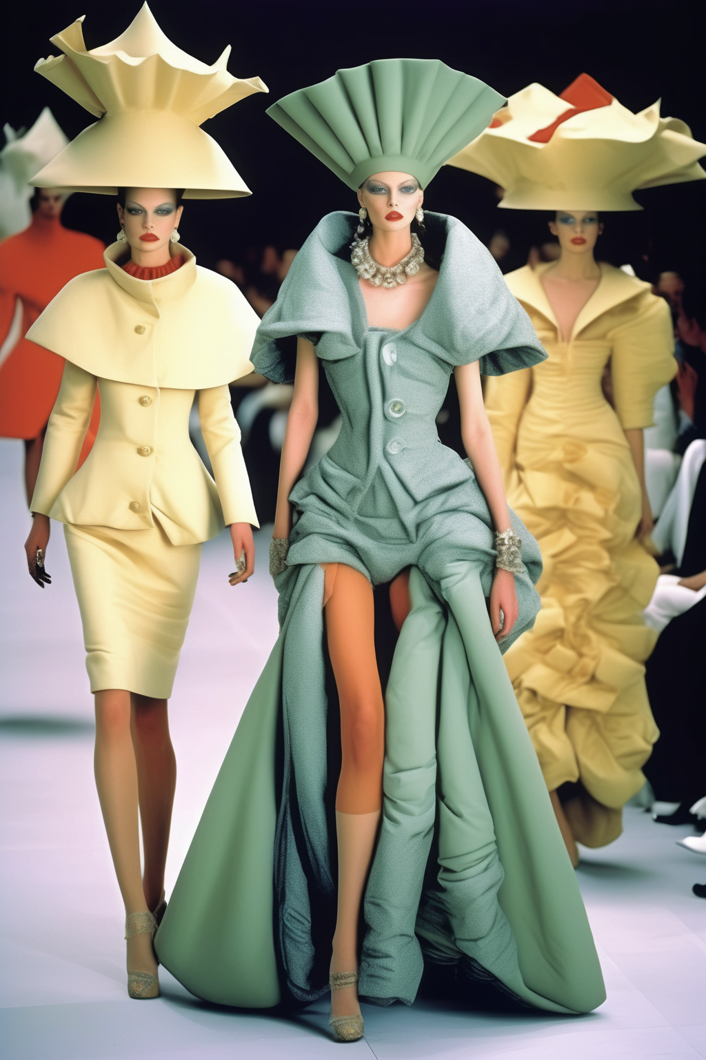 <lora:Avant-garde Fashion:1>Avant-garde Fashion - a haute couture fashion catwalk of iconic outfits that never were but should've been paris fashion week on a catwalk in paris fashion week 1996