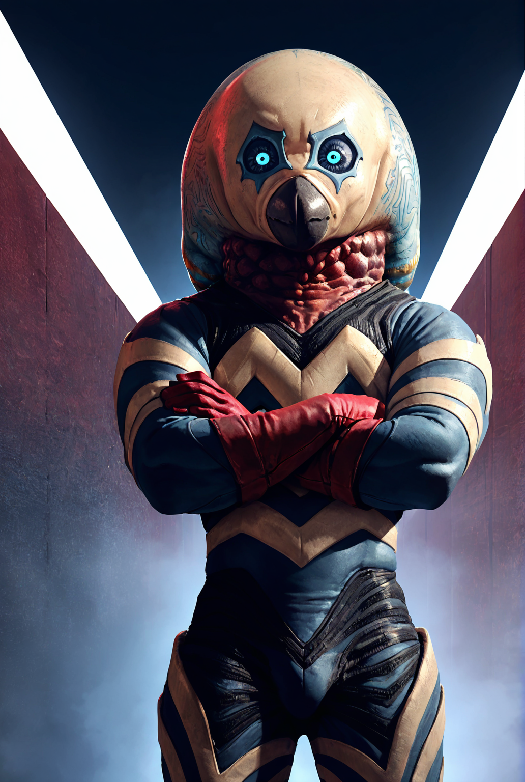 very awe,aesthetically pleasing,masterpiece,best quality,amazing quality,very aesthetic,ultra-detailed,high resolution,8k,1boy,solo,cowboy shot,male focus,detailed face,alien, no humans, gloves, blue eyes, red gloves, glowing eyes,standing,crossed arms,looking at viewer, giant,<lora:Alien Guts:0.7>,alien guts,