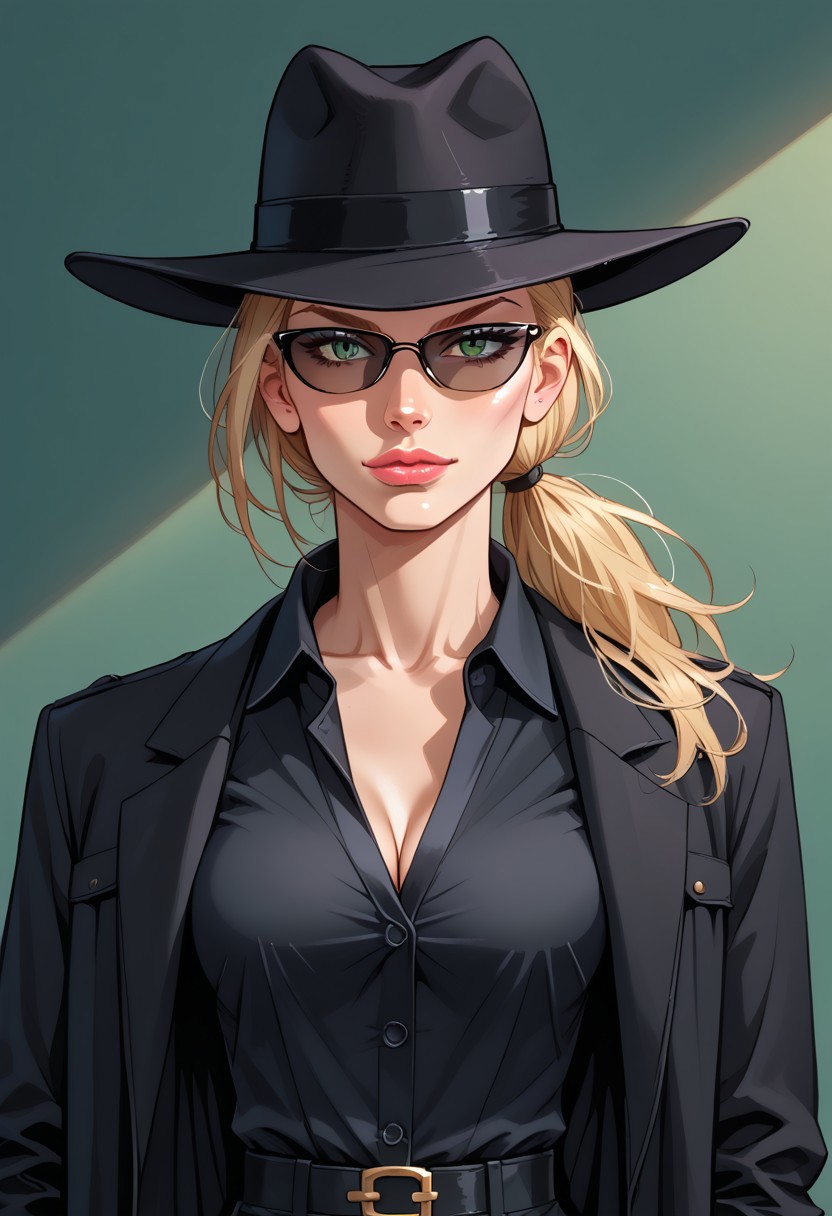 score_9, score_8_up, score_7_up, source_anime, BREAK, 1girl, DetectiveIncog, mature female, blonde ponytail, bangs, BlackSquare framed shades, tinted eyewear, green eyes, black shirt, button up blouse, open collar, open shirt, fedora, black trench coat, trousers, curvy, looking at viewer, dynamic pose, haughty expression, upper body, gradient background, rim lighting, cinematic lighting, volumetric lighting, cloudy green background<lora:Detective_Incog:1>