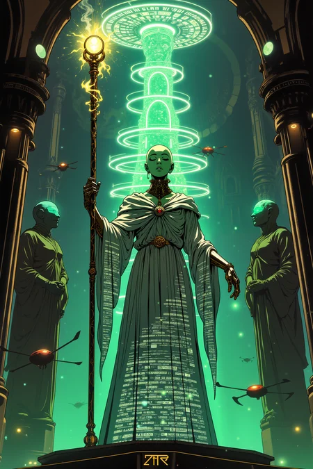 ne0nfant4sy, A techno-priestess, her emerald-green skin marked with glowing runes, stands atop a floating platform that levitates in a cavernous, alien cathedral. Her silver robes shimmer with thousands of nanotech particles, adjusting with her movements, while her bald head is crowned with a floating halo made of spinning, luminous data rings. Her hands are raised high, summoning a vast array of translucent digital screens, each displaying ancient symbols and futuristic code simultaneously. The staff she wields hums with both tech energy and eldritch power, its tip an orb of shifting energy, flickering between solid and ethereal states. Behind her, towering statues of forgotten gods, part machine, part stone, loom in the shadows, their eyes glowing faintly with residual energy. Floating drones, engraved with holy symbols, hover around her, chanting in synthetic voices. Her violet eyes are closed, deep in concentration, as she bridges the digital and divine realms. The air is heavy with both incense and the sharp tang of electric ozone, creating an atmosphere of reverence and technological wonder.<lora:RetroAnimeFluxV1:0.5><lora:NeonFantasyFLUX:0.3>