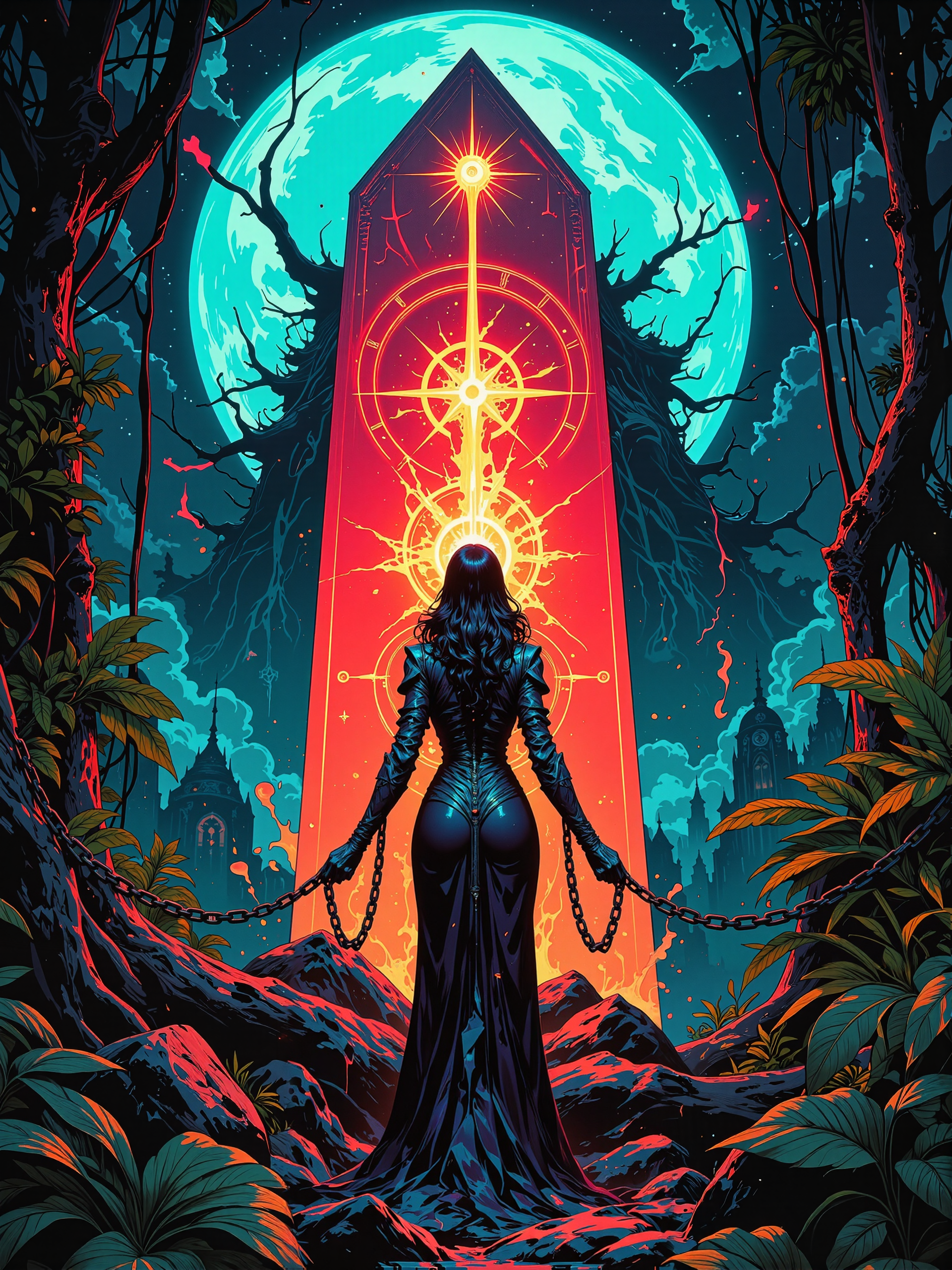 famous artwork, hyper-realistic, photo-realistic, award-winning 80s cinematic fantasy movie scene in an otherworldly jungle featuring a beautiful woman, highly aesthetic, high resolution, uhd, 8k, 4k, dramatic, epic, meticulous, accurate, at night, perfect symmetry, low angle of view, in the heart of the jungle, where shadows dance and bleed, a beautiful chaotic melody, where depravity finds its seed, neon lights paint a picture, of a world immersed in sin, a collision of emotion and violence, where numbness dwells within, unholy sigil, arcane rune, fractal ornament, unholy resonance, eldritch runes, chained to an obelisk, eternal darkness, harmonizing colors, the color palette is predominantly anthrazit grey and beaujolais red and light beige and viridian and night blue, lovecraftian, cthulhu mythos, ovg, in the style of ckpf, dndgr41nyb0yz style, <lora:style-dnd_grainyboyz-romulus-flux-by_kimwithdapuss:0.48> <lora:style-painterly_fantasy-flux-by_chronoknight:0.48> <lora:style-retro_anime-flux-by_lizardman245:0.36>