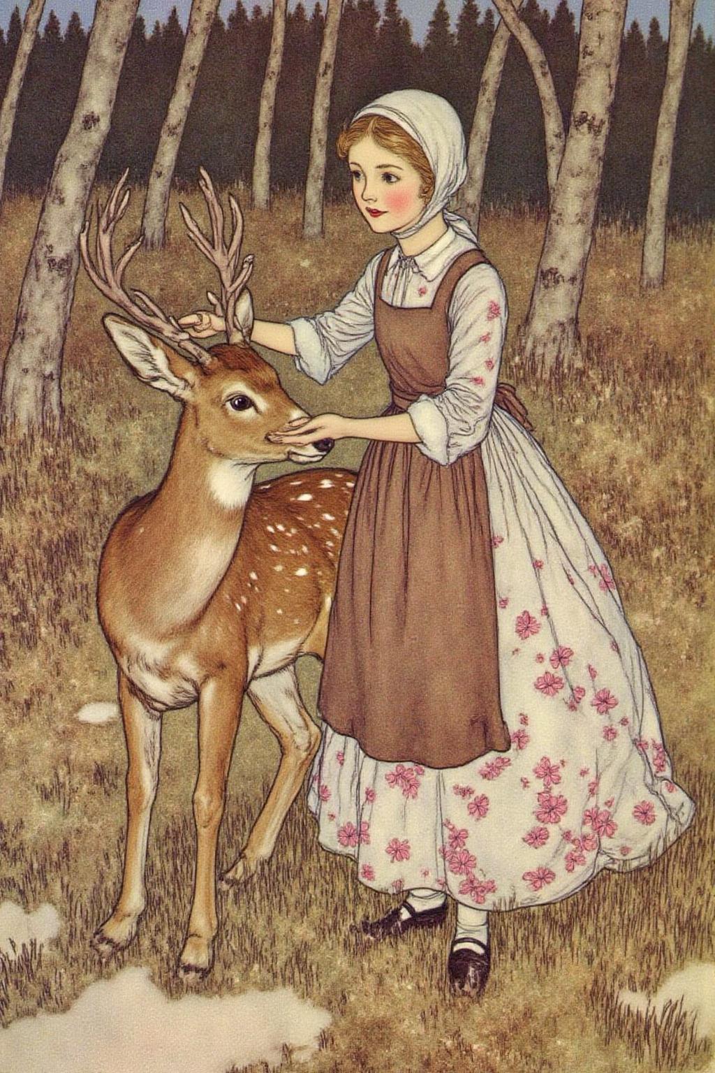 dulac1 illustration. 
This image is a detailed, hand-drawn illustration in a style reminiscent of 19th-century watercolor and ink art. It depicts a serene, forest scene with a young girl and a deer. The girl, dressed in a white pinafore dress with a pink floral pattern, a brown apron, and a white headscarf, stands on the right side of the image. She is gently holding a deer's antler, which the deer, a doe, is leaning into, suggesting a moment of interaction or connection. The doe has a soft, brown coat with white spots and is positioned on the left side of the image, standing on a patch of grassy ground.  <lora:dulac2_cap_d6a3e15:1.0><lora:816558199051240194:0>