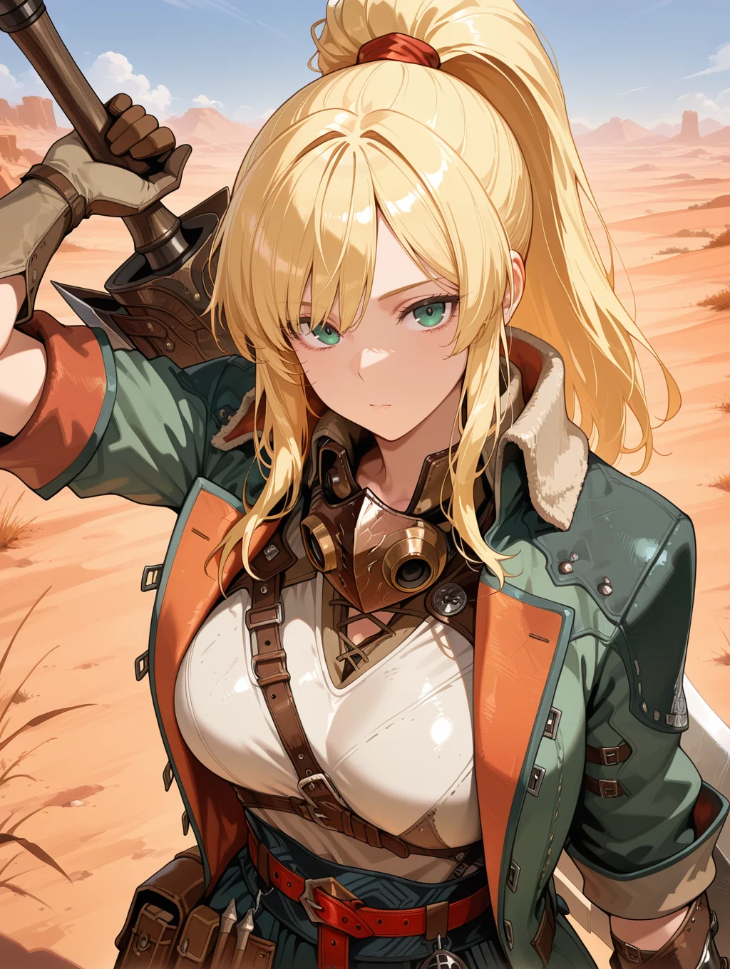 female hope armor,1girl,blonde hair,solo,green eyes,looking at viewer,upper body,standing,high ponytail,green jacket,white shirt,green skirt,brown gauntlets,brown mouth mask,red belt,brown pouch,huge sword,weapon on back,nature,wildness,desert,
masterpiece,best quality,amazing quality,very aesthetic,absurdres,newest,<lora:MHWilds hope armor illuXL v1:0.7>,