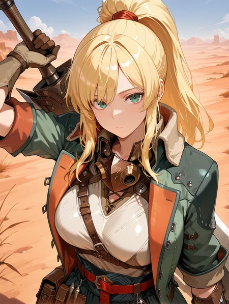 female hope armor,1girl,blonde hair,solo,green eyes,looking at viewer,upper body,standing,high ponytail,green jacket,white shirt,green skirt,brown gauntlets,brown mouth mask,red belt,brown pouch,huge sword,weapon on back,nature,wildness,desert,
masterpiece,best quality,amazing quality,very aesthetic,absurdres,newest,<lora:MHWilds hope armor illuXL v1:0.7>,