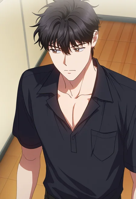 masterpiece, best quality, amazing quality,high resolution, intricate details,anime coloring,anime screencap , , , 1boy, solo, male focus, <lora:han_yoohyun:0.89>,han yoohyun,black hair,brown eyes,upper body,indoors,short sleeves,collared shirt,upper body,confident,collarbone,black shirt,from above