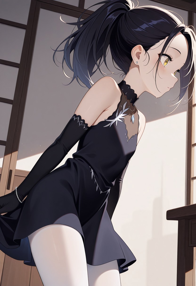 masterpiece, best quality, amazing quality, 

HKA_three, ponytail, black hair, yellow eyes, sleeveless dress, white pantyhose, jewelry, black dress, black gloves, elbow gloves