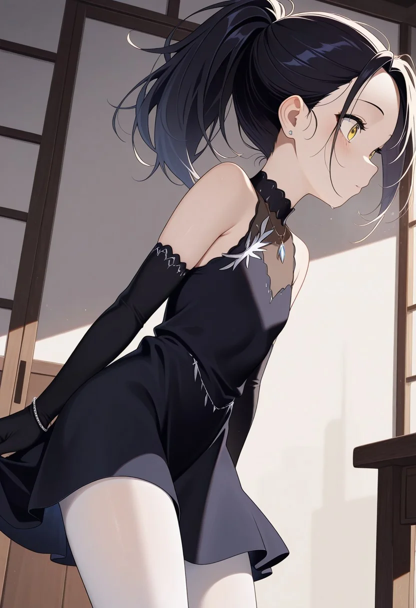 masterpiece, best quality, amazing quality, 

HKA_three, ponytail, black hair, yellow eyes, sleeveless dress, white pantyhose, jewelry, black dress, black gloves, elbow gloves