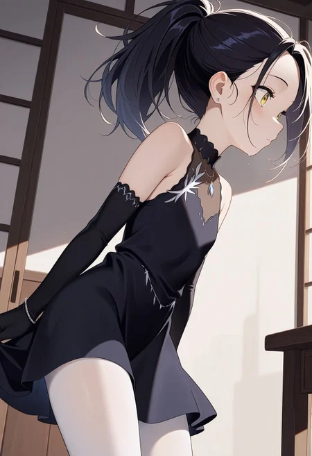 masterpiece, best quality, amazing quality, 

HKA_three, ponytail, black hair, yellow eyes, sleeveless dress, white pantyhose, jewelry, black dress, black gloves, elbow gloves