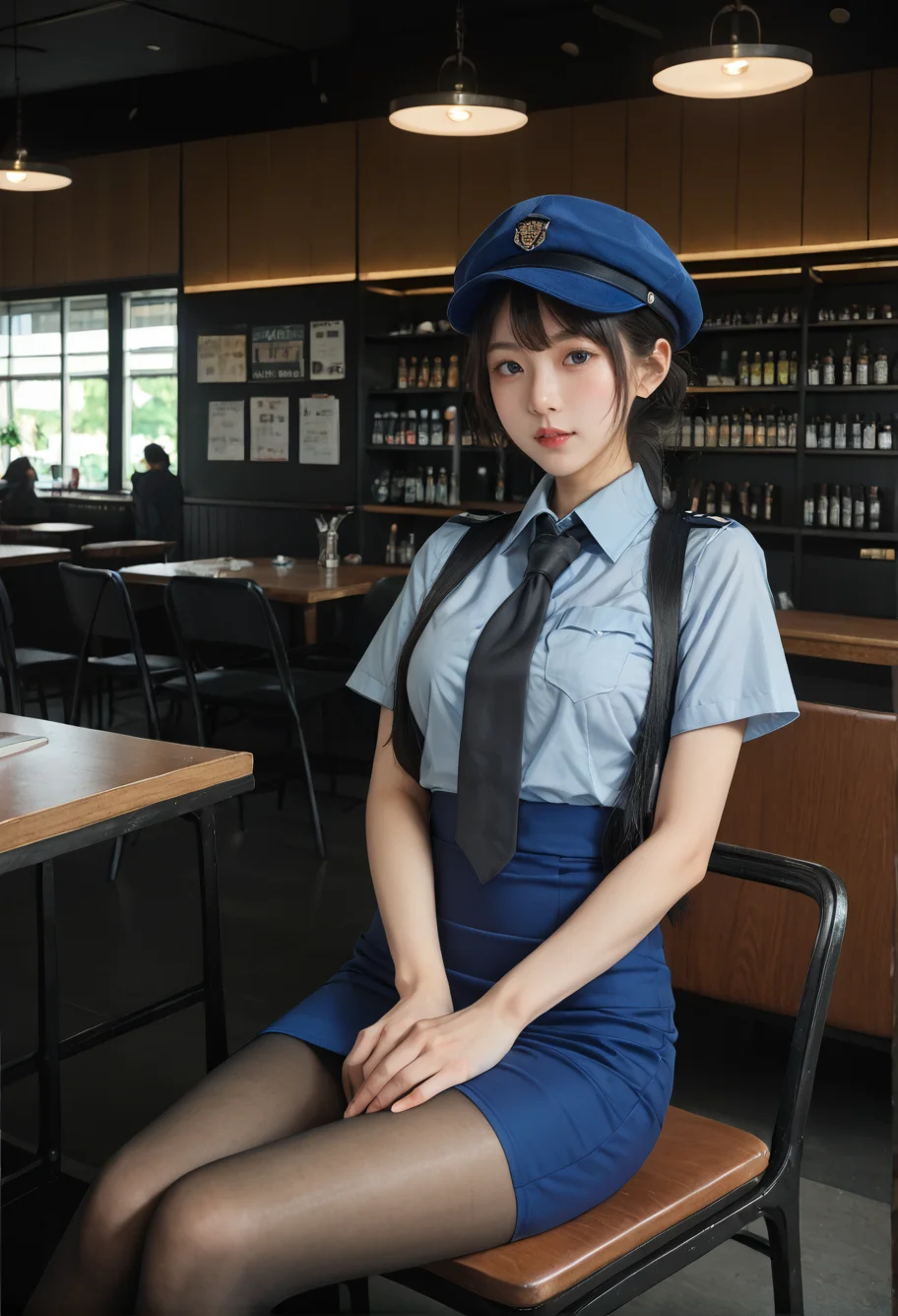 ,ruanyi0822,,ruanyi0820,black necktie,blue hat,blue shirt,blue skirt,black pantyhose,short sleeves,pencil skirt,indoors,sitting,<lora:0822 bar interior_v1_pony:1>,<lora:0820 tokisaki kurumi policewoman fan costume_v1_pony:0.7>, score_9,score_8_up,score_7_up,,8k,1girl,solo,,