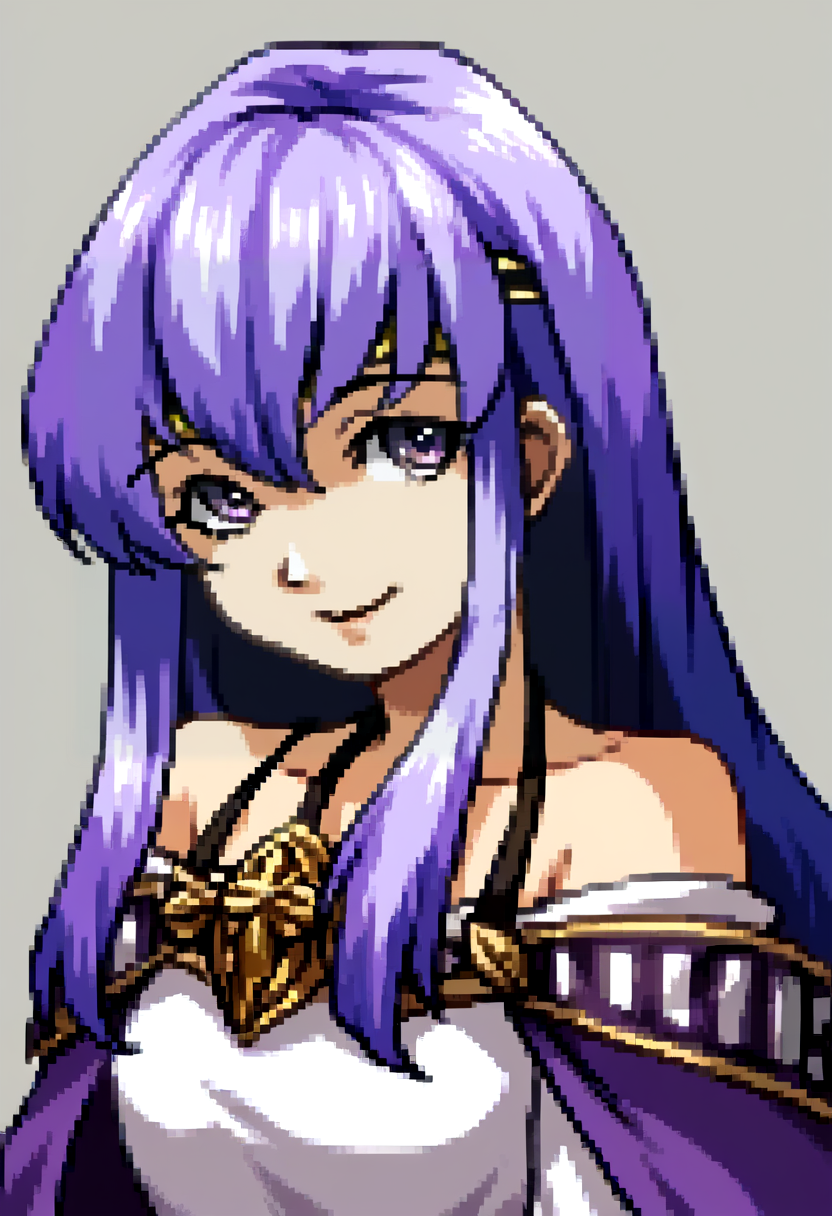 score_9, score_8_up, score_7_up, source_anime, BREAK, solo, 1girl, looking at viewer, smile, <lora:Julia-pdxl_Fp:1>, juliafe4, purple hair, purple eyes, circlet, white dress, bare shoulders, purple cape, ribbon, brooch, white sleeves, <lora:P2-Protraits-pdxl_Fp:1>, simple background, portrait, pixel art
