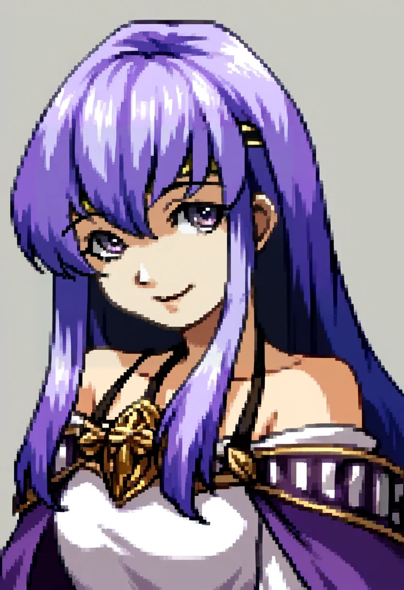 score_9, score_8_up, score_7_up, source_anime, BREAK, solo, 1girl, looking at viewer, smile, <lora:Julia-pdxl_Fp:1>, juliafe4, purple hair, purple eyes, circlet, white dress, bare shoulders, purple cape, ribbon, brooch, white sleeves, <lora:P2-Protraits-pdxl_Fp:1>, simple background, portrait, pixel art