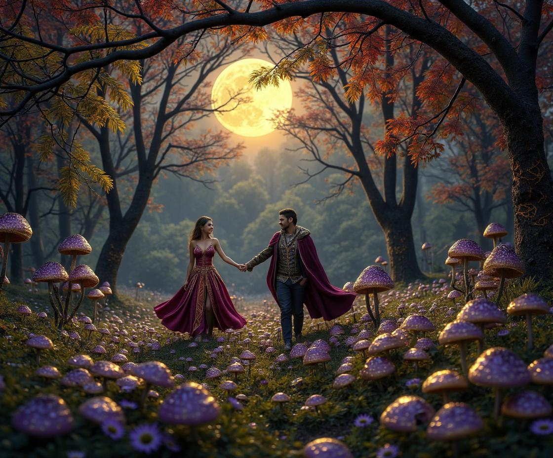 <lora:6B4426DED9C7CABDB1A44E006C07827E6A493CF5D6B917CCB5D49D661FEF650C.safetensors:1> a dream-concept
mystical and enchanting, filled with luminous details and shifting perspectives,
In a mystical forest, the air shimmers with an otherworldly glow, casting a dreamy atmosphere over the surreal landscape. The trees, their trunks encrusted with intricate, golden patterns, stretch their branches high into the canopy, where leaves of deep emerald and rich burgundy catch the soft, diffused light of a setting sun. At the forest's edge, a meadow bursts with life, a riot of colorful wildflowers in vivid purples, golds, and reds, their petals so delicate they seem to be woven from the finest silk.
Dotting the ground, surreal mushrooms rise from the earth, their caps adorned with intricate designs that shimmer under the moon's gentle embrace. Each mushroom, a masterpiece of nature, boasts a palette of purples and golds, their surfaces reflecting the ethereal light. The forest floor, a tapestry of soft textures, is dotted with clusters of these fantastical fungi, their stems as smooth as polished marble.
In the meadow, two adults, their faces radiant with wonder, stroll hand in hand. The woman, a Tatar with deep, soulful eyes and long, dark hair that cascades down her back, wears a flowing gown of deep crimson, embroidered with gold thread. Her companion, a man with a warm, welcoming smile and a rugged, yet gentle demeanor, is clad in a rich, dark purple cloak, its fabric so lush it seems to absorb the light around him.
The air is filled with the subtle fragrance of the flowers, and a sense of peace and magic permeates the scene. The forest, with its dramatic interplay of shadows and glowing highlights, feels both grounded in reality and elevated into the realm of the mythical. This idyllic meadow, a place of nature's whimsy and adventure, is a sanctuary where the ordinary transforms into the extraordinary.