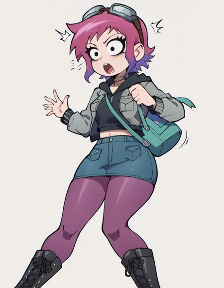 score_9, score_8_up, flat color, 2D, 1girl, solo, white background, simple background, flat background, ramona flowers, wide hips, narrow waist, choker, black eyes, jacket, hoodie, hood, goggles on hood, jean skirt, purple pantyhose, black boots, shoulder bag, shocked expression, open mouth, constricted pupils, sound lines <lora:RamonaSDXL:1>