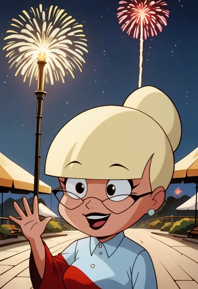 score_9, score_8_up, score_7_up, score_6_up, 1girl, solo,
<lora:Mary Dahl Mature -  Doll (Batman the Animated Series - BTAS):1>
Mary_Dahl_Mature, (chibi:0.5), (very short, short), black eyes, glasses, blonde hair, (hair bun, single hair bun), blunt bangs,
earrings, (eyes open), excited,
fireworks, patriotic, (American colors, red, white, blue), 
large breast, waving hand, holding flag, clothes, 
outdoors, night time, night sky, 
<lora:Expressive_H:0.7> Expressiveh,
<lora:add-detail-xl:0.9>
<lora:light:1.0> neolight,