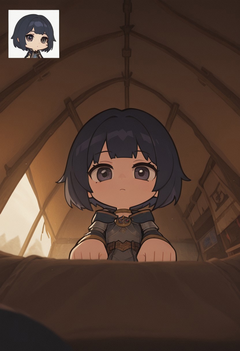 masterpiece, best quality, good quality, very aesthetic, absurdres, newest, 8K, depth of field, focused subject, zzzemoji, chibi, BREAK portrait of, Repanse, indoors, tent interior, knights, maps, directional lighting, silhouetted, chiascuro, viewed from below, looking at viewer