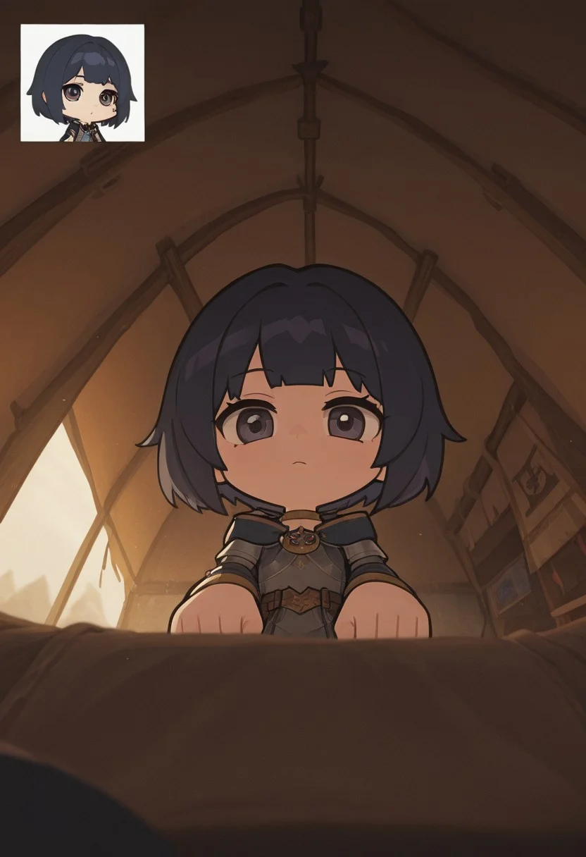 masterpiece, best quality, good quality, very aesthetic, absurdres, newest, 8K, depth of field, focused subject, zzzemoji, chibi, BREAK portrait of, Repanse, indoors, tent interior, knights, maps, directional lighting, silhouetted, chiascuro, viewed from below, looking at viewer