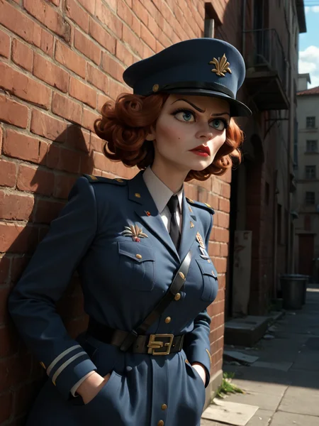 score_9, score_8_up, score_7_up,  score_6_up, BREAK, Ch4nt3lDuB0is, 1girl, solo, blue eyes, red hair, red lips, blue uniform, blue headwear, black gloves, alley, leaning on wall, hands in pocket, serious, night <lora:Chantel_DuBois-000008:0.8>