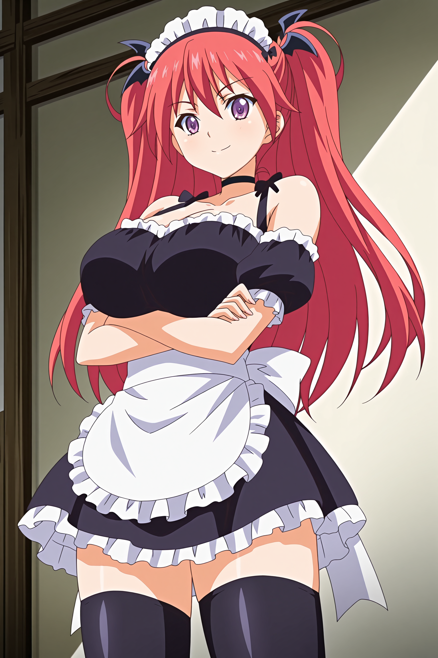 anime screencap, anime coloring, detailed face, masterpiece, best quality, very aesthetic, absurdres, volumetric lighting, official style, amazing quality, ultra detailed,  highres, amazing quality, scenery, beautiful detailed hair, beautiful detailed eyes,
<lora:StS-Illustrious-Detail-Slider-v1.0:4>
 <lora:Firika_Mia_Shatana_and_Sera_Mitra_Airun_Nuki_Doki_Tenshi_to_Akuma_no_Sakusei_Battle:1>, 
Firika Mia Shatana (character), 1girl, solo long hair, large breasts, red hair, purple eyes, crossed arms, maid, black thighhighs, apron, maid headdress, smile