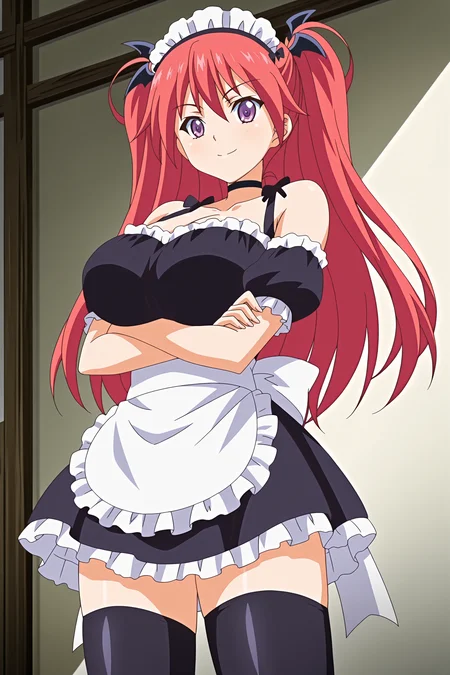 anime screencap, anime coloring, detailed face, masterpiece, best quality, very aesthetic, absurdres, volumetric lighting, official style, amazing quality, ultra detailed,  highres, amazing quality, scenery, beautiful detailed hair, beautiful detailed eyes,
<lora:StS-Illustrious-Detail-Slider-v1.0:4>
 <lora:Firika_Mia_Shatana_and_Sera_Mitra_Airun_Nuki_Doki_Tenshi_to_Akuma_no_Sakusei_Battle:1>, 
Firika Mia Shatana (character), 1girl, solo long hair, large breasts, red hair, purple eyes, crossed arms, maid, black thighhighs, apron, maid headdress, smile