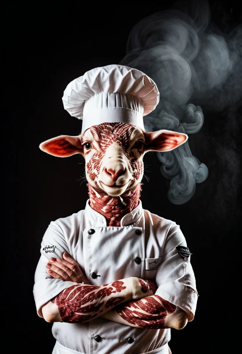a lamb (made of wagyu), wearing white chef hat, wearing white chef uniform, arms crossed, cinematic movie poster, dark black background, professional photography, dramatic shadows, aura, (fine wisps of smoke:0.8), detailed,