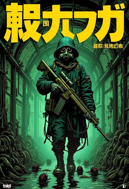 Japanese Manga style Poster with bold large fonts and graphics, (Realistic:1.4), StalkerWorld, rifle, gas mask, Metro, tunnel, machines, cables, dark, rats, tubes, moist, water, green, glow, dirt, green mist.