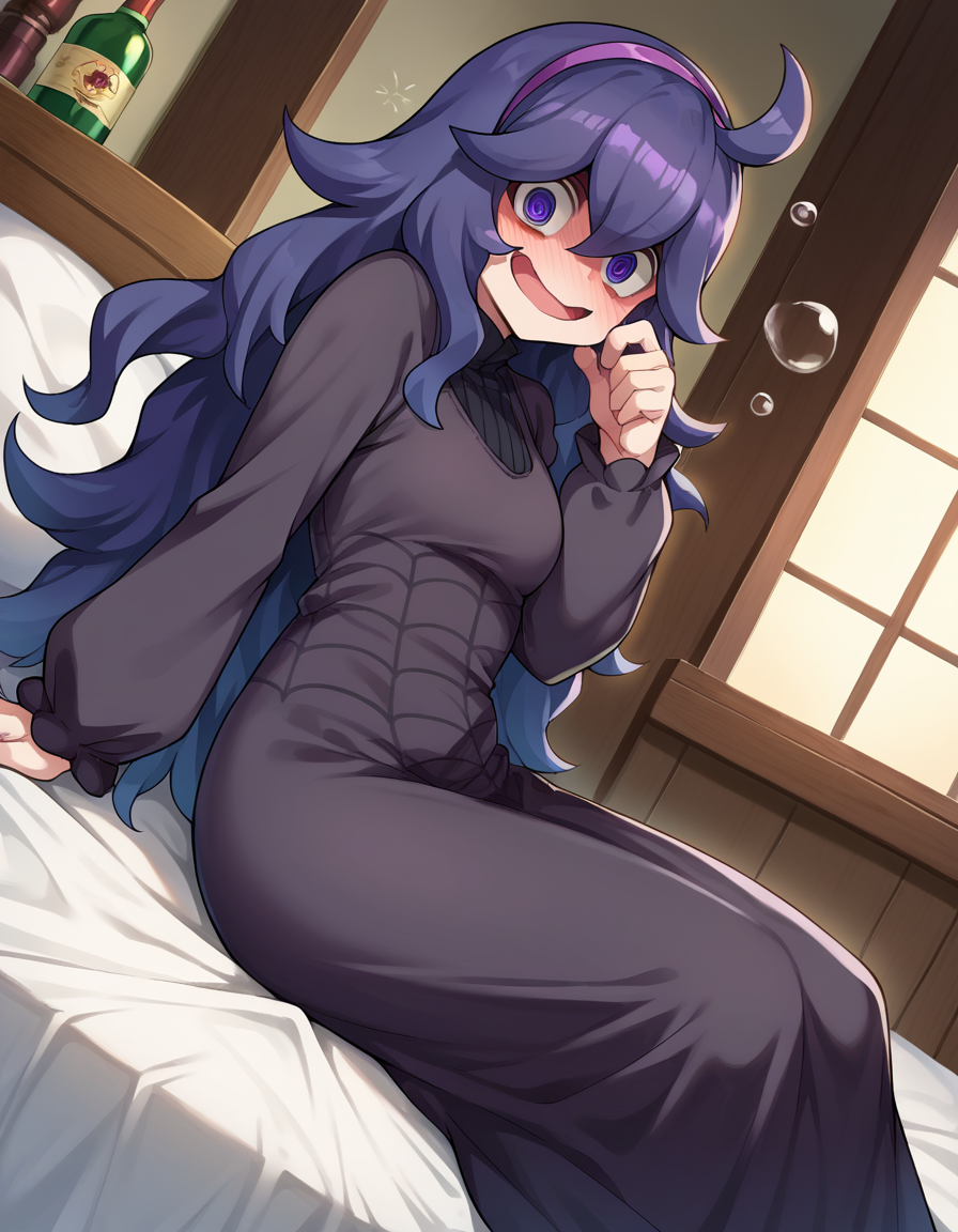 score_9, score_8_up, score_7_up, source_anime,
hexmaniac, <lora:hex-maniac-ponyxl-lora-nochekaiser:1>
hex maniac, hairband, messy hair, purple eyes, purple hair, purple hairband, @ @,
black dress, dress, long dress, long sleeves, juliet sleeves,
indoors, bed, bed room, on side, blush, drunk,
looking at viewer, cowboy shot, dutch angle,