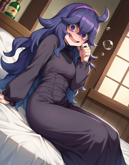 score_9, score_8_up, score_7_up, source_anime,
hexmaniac, <lora:hex-maniac-ponyxl-lora-nochekaiser:1>
hex maniac, hairband, messy hair, purple eyes, purple hair, purple hairband, @ @,
black dress, dress, long dress, long sleeves, juliet sleeves,
indoors, bed, bed room, on side, blush, drunk,
looking at viewer, cowboy shot, dutch angle,