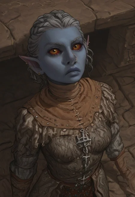 solo, short pointy ears, piercings, random elf face, aquiline features, female dark elf, brow rings, nose rings, beaded piercings, weathered skin, large nose, insect chitin armor, insect chitin helmet, insect chitin ornaments, stylized insect pattern, athletic build, animated realism, zoomed out, Syrian features, torso, brass pipes and gears, intricate architecture, dwarven masonry, dwemer fixtures, white-green light, gloomy lighting, ancient ruins, interior, stone tiled floor, grey-blue skin, mahogany and ivory clothes, medium armor, bone plate armor, ivory straps and fittings, alien bone ornaments, grey wood neckguard, red sclera, black pupils, blue-green light, neon, highly detailed, defined features, looking at viewer, three quarters view, from above, dynamic lighting, 19 years old, light and shadows, patterned cloth, annoyed expression, expressive eyes, detailed medieval clothes, medium_breasts, short hair, wavy hair, thick hair, beaded hair, braided hair, under cut hair, semirealistic, alien elf, spanish features, jewish features, white grey hair, dark red hair, umber skin, sharp features, pastel green inuit print cloak, nighttime, high detail, absurdres, pretty eyes, detailed eyes, yellow eyes,