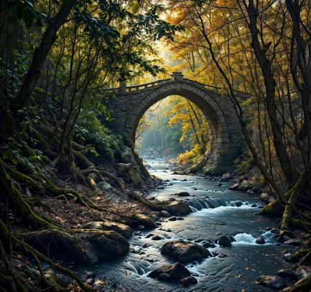 RAW photo, (masterpiece:1.3), subsurface scattering, heavy shadow, (high quality:1.4), (intricate, high detail:1.2), professional photography, HDR, High Dynamic Range, realistic, ultra realistic, photorealistic, high resolution, film photography, ambient lighting, atmospheric effects, <lora:detail_slider_v4:2>, OverallDetail, <lora:Bridge:1>, forest, bridge, small river, trees, bushes, epiCPhoto
