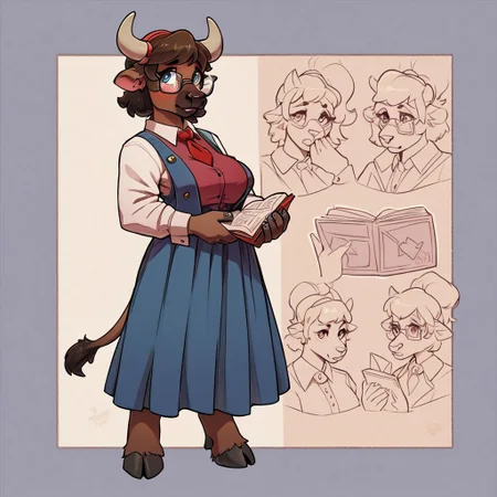 (score_9), (score_8_up), (score_7_up), (score_6_up), (score_5_up), (score_4_up), (masterpiece), best quality, detailed eyes, character turnaround, female, Minotaur, Large breasts, white blouse, red tie, long skirt, hooves, furry legs, glasses, holding a book, shy, standing, full body,