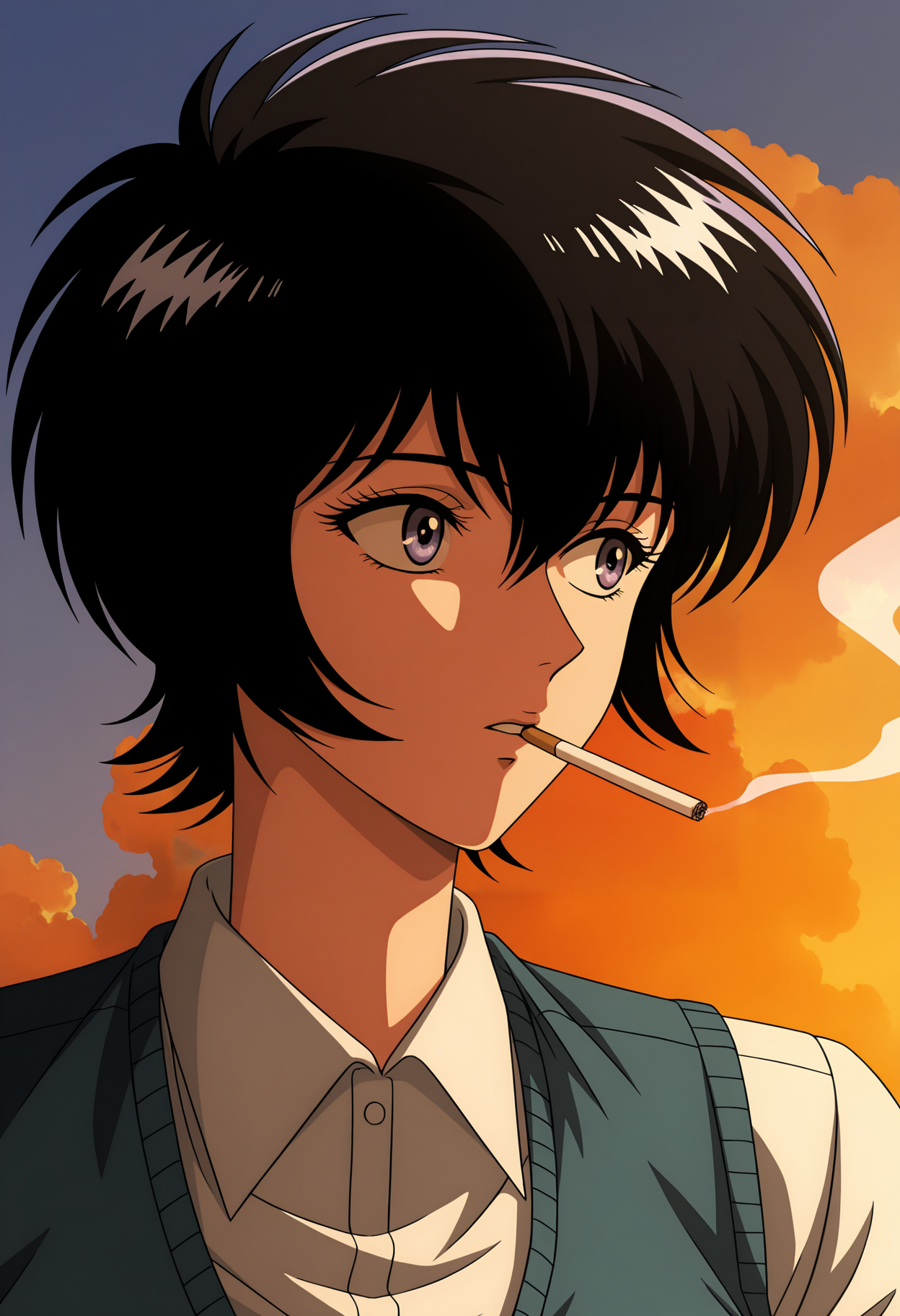 <lora:Reiko Kujirai-000030:1>,
Reiko Kujirai,solo,1girl,short hair,holding,cigarette,shirt,sweater vest,looking to the side,smoke,white shirt,school uniform,holding cigarette,parted lips,smoking,retro artstyle,collared shirt,cloud,upper body,portrait