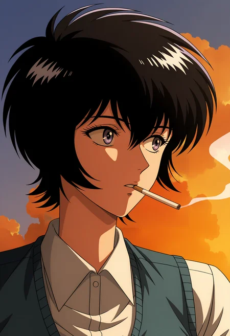 <lora:Reiko Kujirai-000030:1>,
Reiko Kujirai,solo,1girl,short hair,holding,cigarette,shirt,sweater vest,looking to the side,smoke,white shirt,school uniform,holding cigarette,parted lips,smoking,retro artstyle,collared shirt,cloud,upper body,portrait