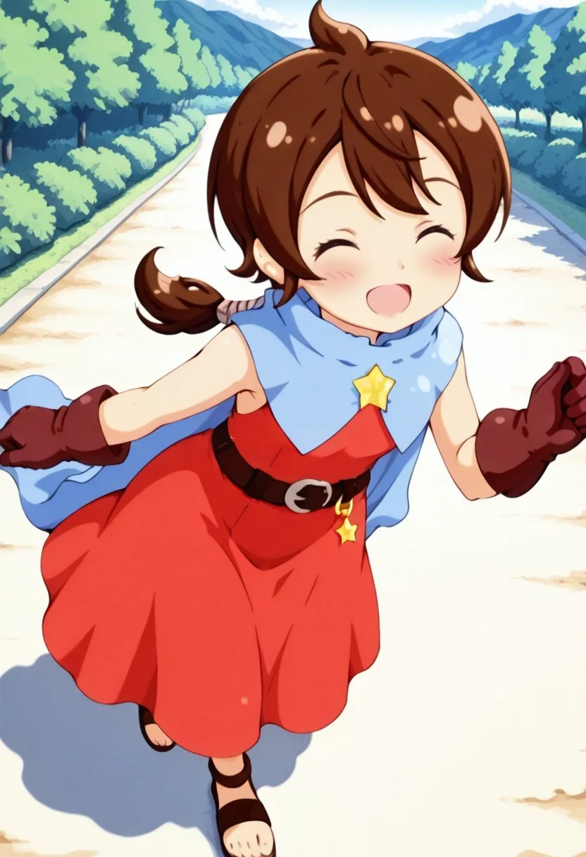 masterpiece,anime_coloring,anime_clothing,amazing_quality,Tokia_DMO, 1girl, solo,gloves, brown hair, (low ponytail), star \(symbol\), cape, sleeveless,red dress, long dress,belt, Sandals, close-up face,open mouth,blush,smile,happy,outdoor,dynamic pose,