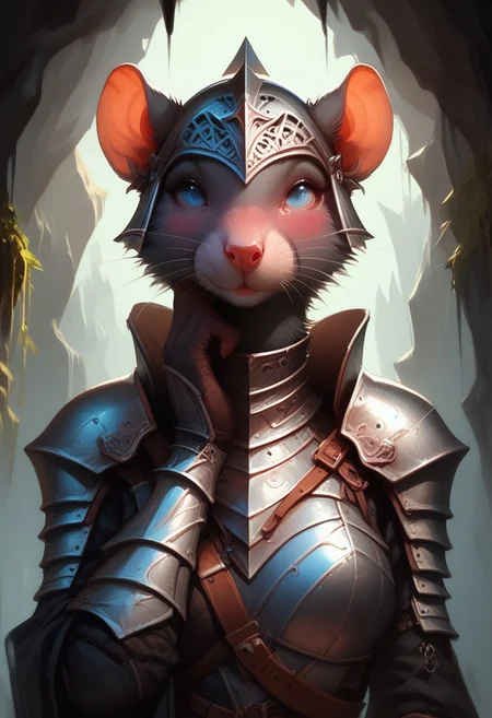 score_9, score_8_up, score_7_up, score_6_up, 1 anthro skaven girl, sexy face, wearing knight female armor, wearing helmet, sword in hand, cute face, blue eyes, hazel red eyes, shy, nose blush, medium boobs, chest up, grey fur, bald, fullbody, smirking, (dark green glowing cave background), front view, full body view