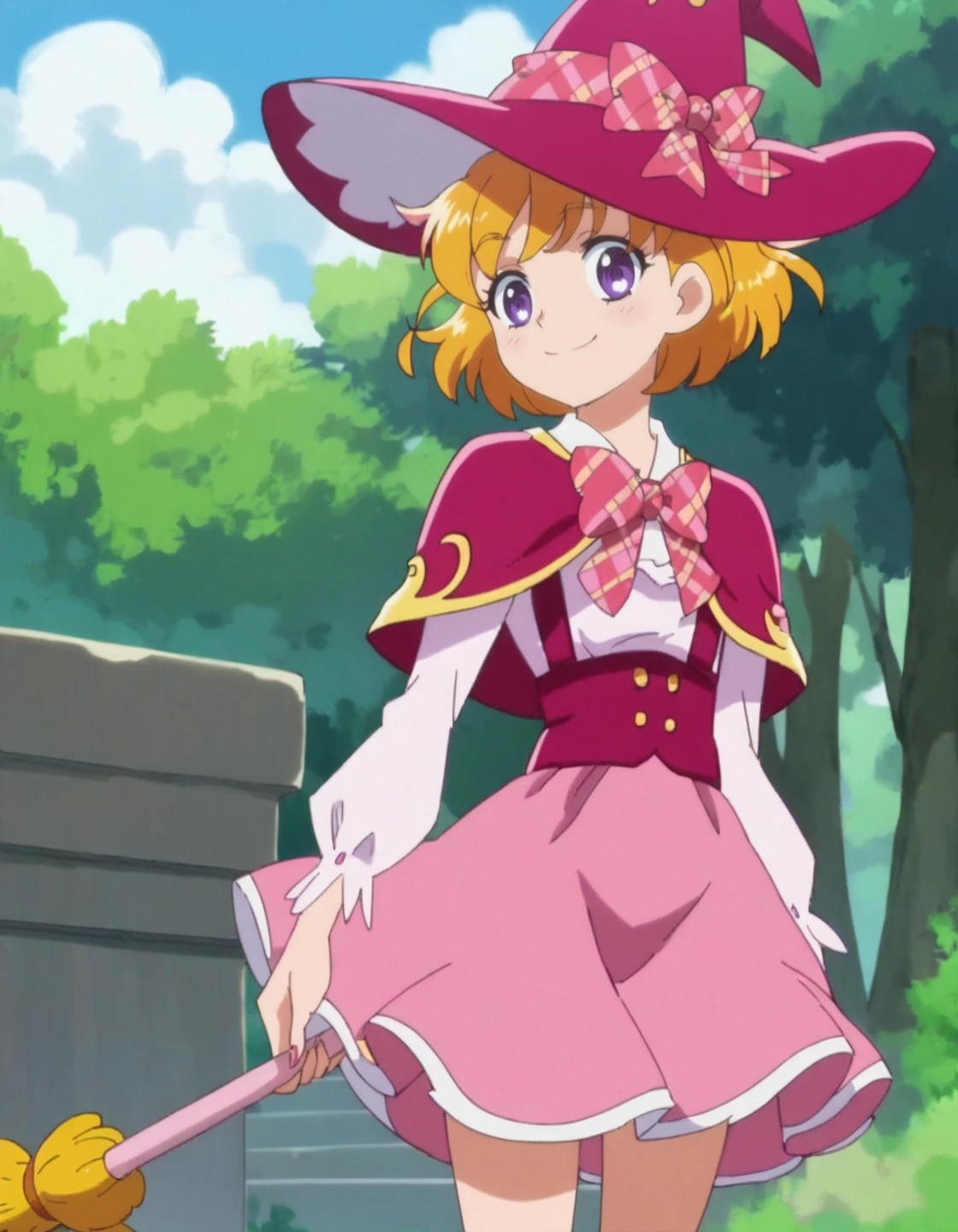score_9, score_8_up, score_7_up, anime screencap, solo,1girl,asahinamirai, purple eyes,school uniform,  pink witch hat, broom, smile, skirt,cowboy shot,<lora:asahinamirai:0.8>