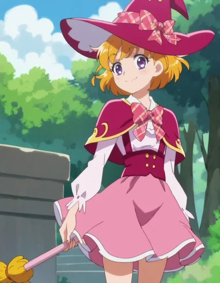 score_9, score_8_up, score_7_up, anime screencap, solo,1girl,asahinamirai, purple eyes,school uniform, pink witch hat, broom, smile, skirt,cowboy shot,<lora:asahinamirai:0.8>