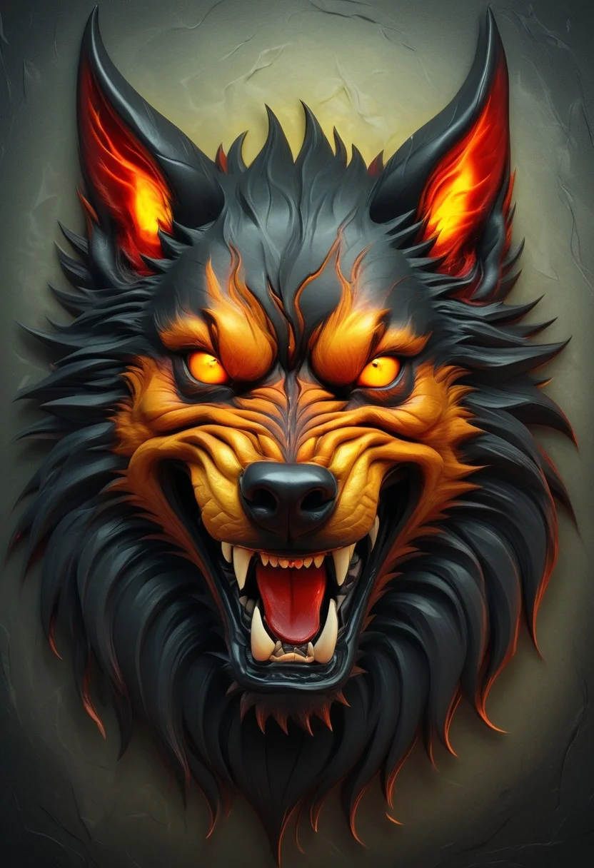 Mythical Portrait of a Hellhound, Abstract Satin Texture, Deep Gradients of Fiery Orange, Charcoal Black, and Blood Red, Glowing Yellow Eyes with Smoky Shadows, Fangs and Claws Sharp, Glossy Fur, Radiating a Fiery and Fearsome Halloween Aura