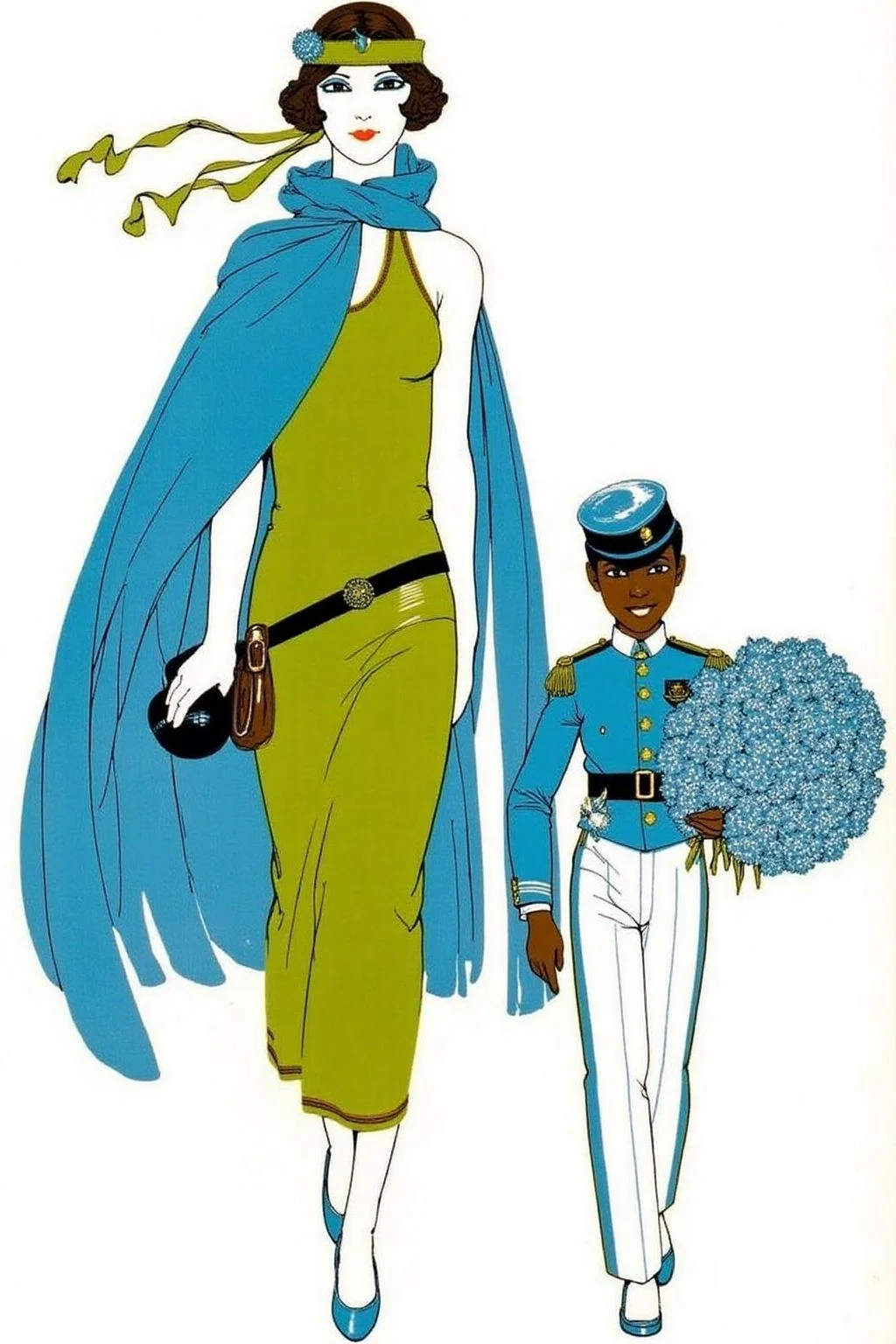 ernestogarciacabral1 illustration.
A woman and a bellhop walk side by side. On the left is a woman wearing a flowing green dress and blue cloak with a headpiece. On the right is an African American boy wearing a bellhop uniform, holding a bouquet of blue flowers.
<lora:ernestogarciacabral1_cap_d6a3:1.0><lora:849842385251778256:0>