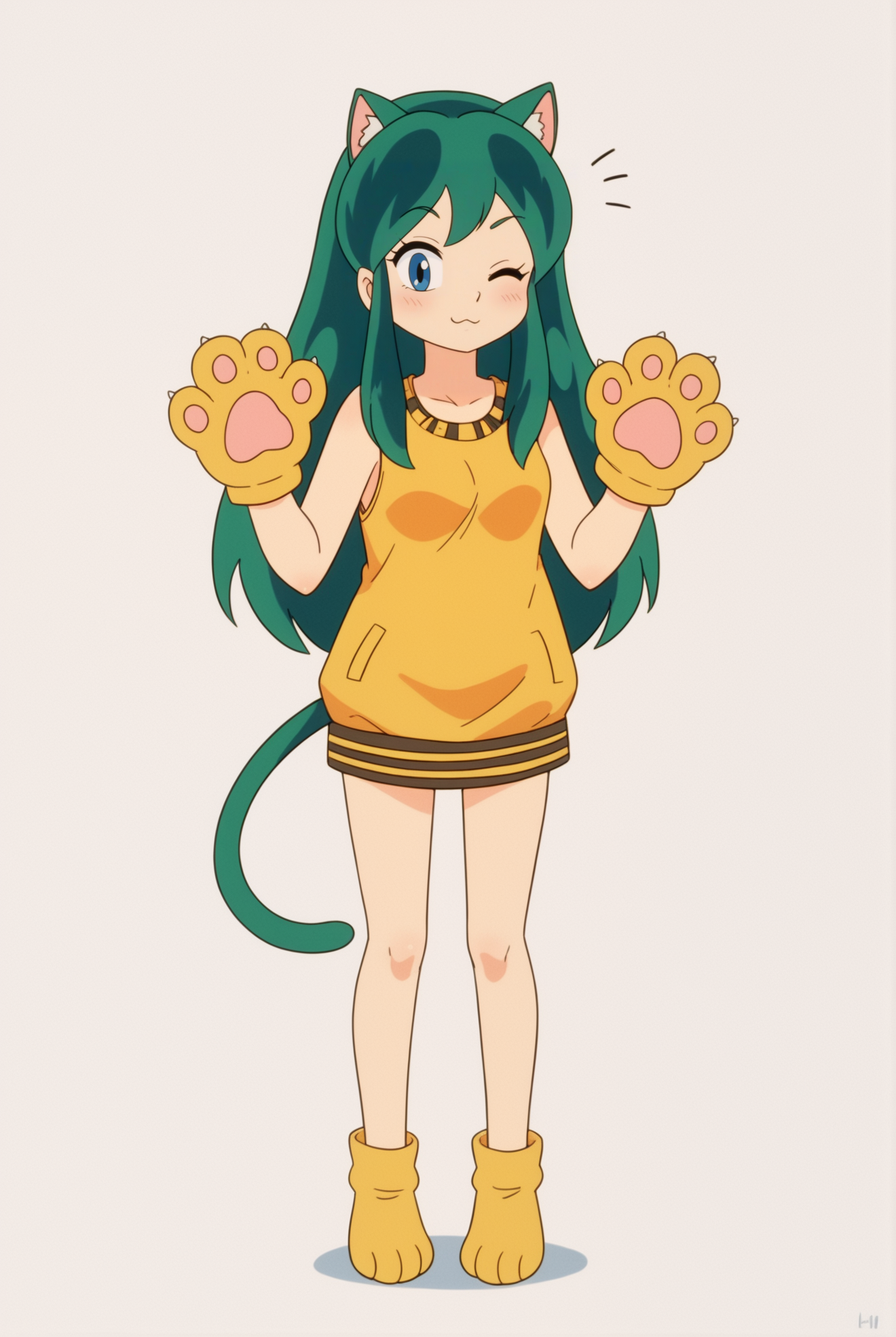 <lora:Lum:0.8>, white background, Lum, 1girl, one eye closed, solo, animal ears, tail, white background, cat ears, paw gloves, full body
